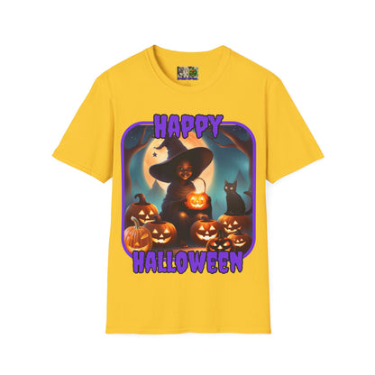 Happy Halloween Cute Witch Purple font Light colors Unisex T-Shirt by CreepyCrafts.boo