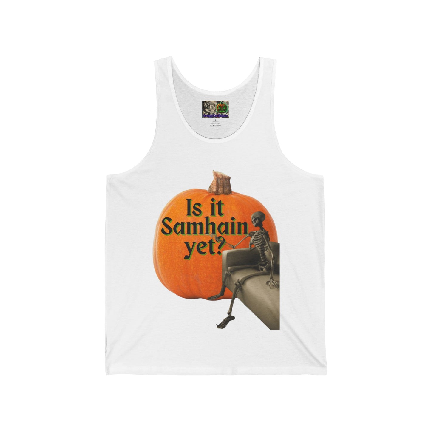 Is It Samhain Yet? Skeleton's Giant Pumpkin Unisex Jersey Tank Top by CreepyCrafts.boo