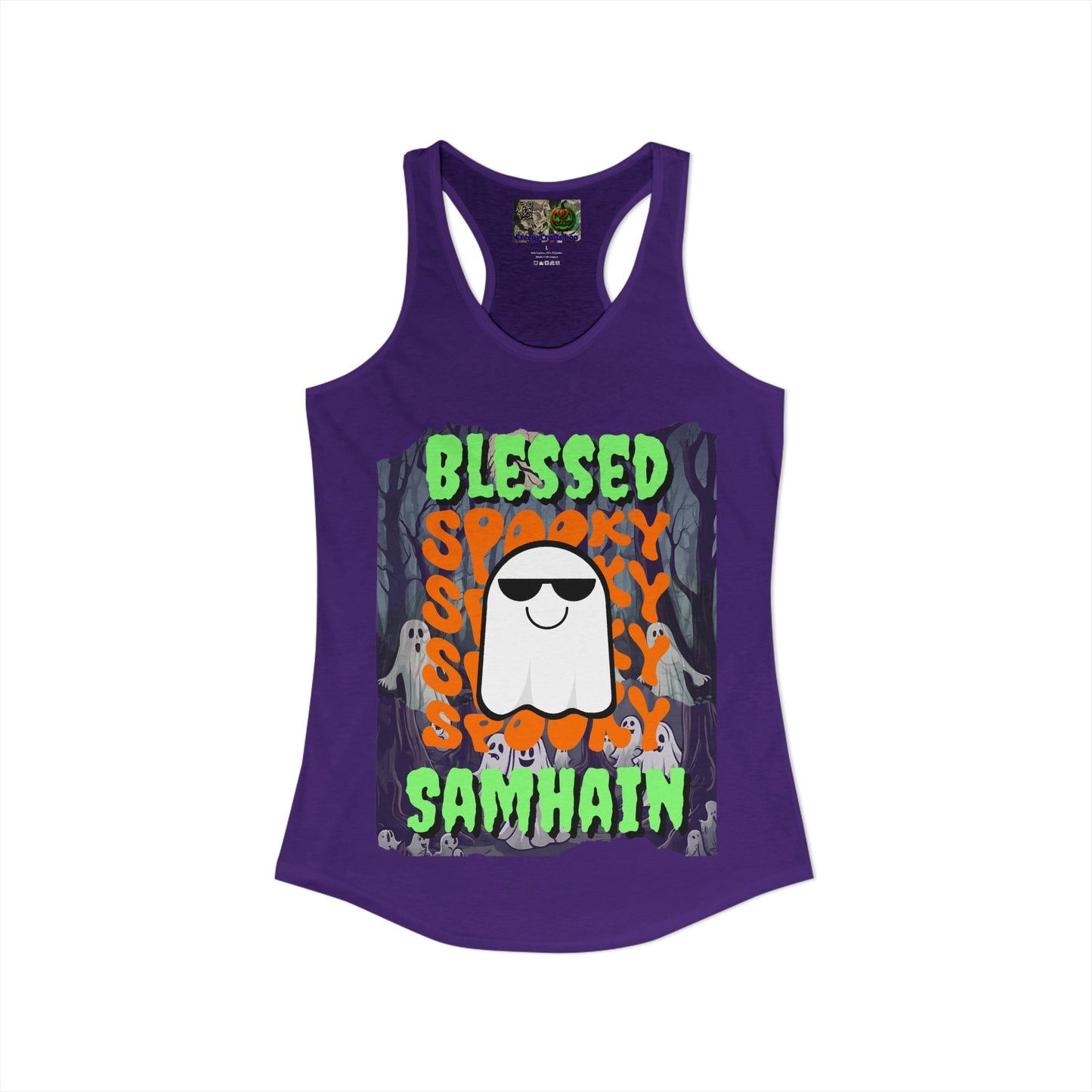 Spooky Blessed Samhain Ghost Green font Women's Racerback Tank Top by CreepyCrafts.boo