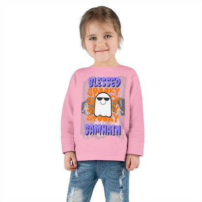 Spooky Blessed Samhain Ghost Purple font Toddler Long Sleeve Tee by CreepyCrafts.boo