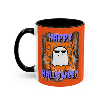 Spooky Happy Halloween Ghost Purple font Orange Accent Mug by CreepyCrafts.boo