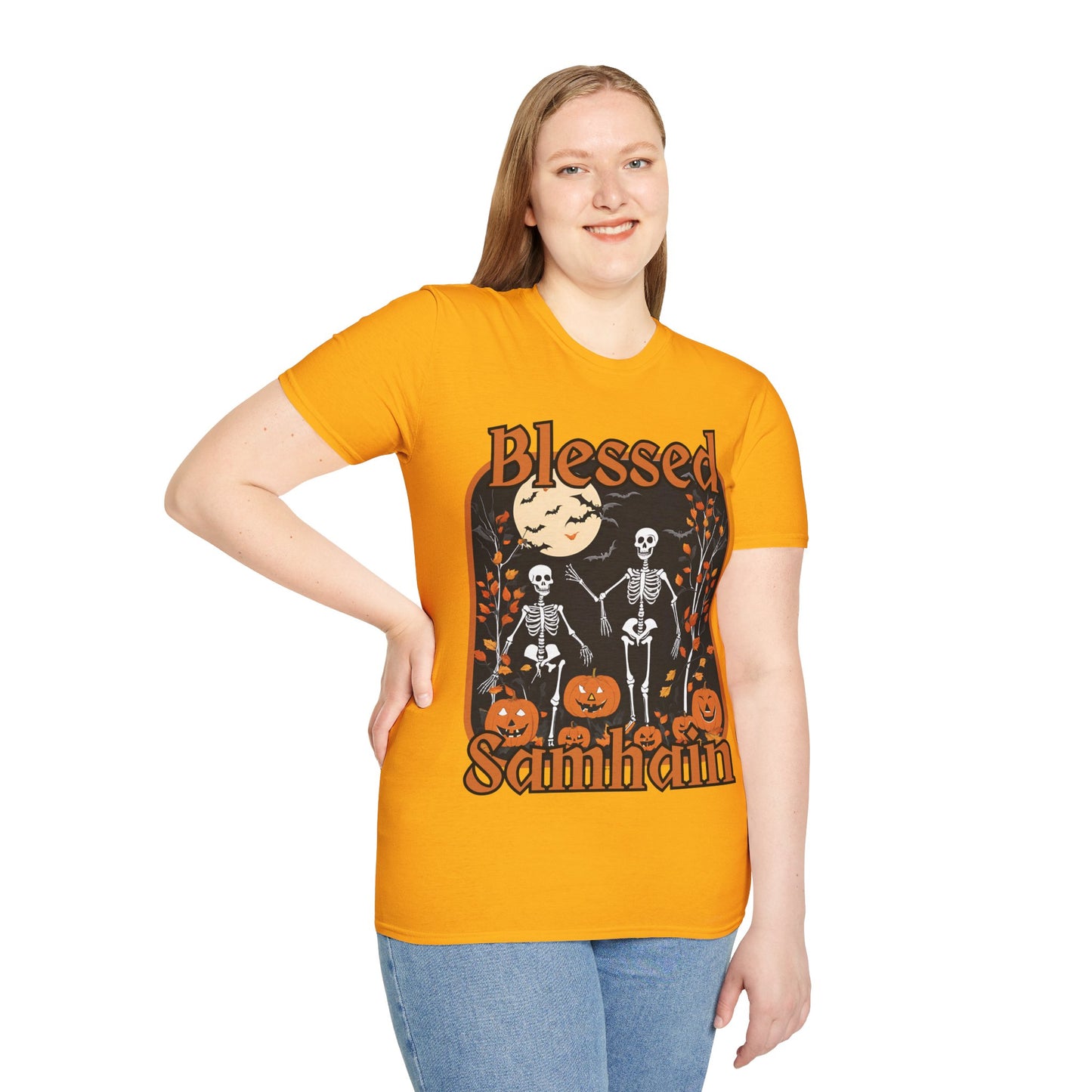 Spooktacular Skeletons of Samhain Light colors Unisex T-Shirt by CreepyCrafts.boo