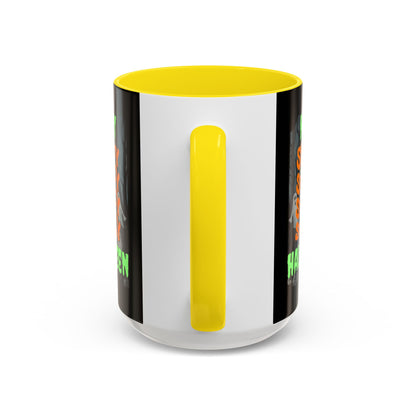 Spooky Happy Halloween Ghost Green font Black Accent Mug by CreepyCrafts.boo