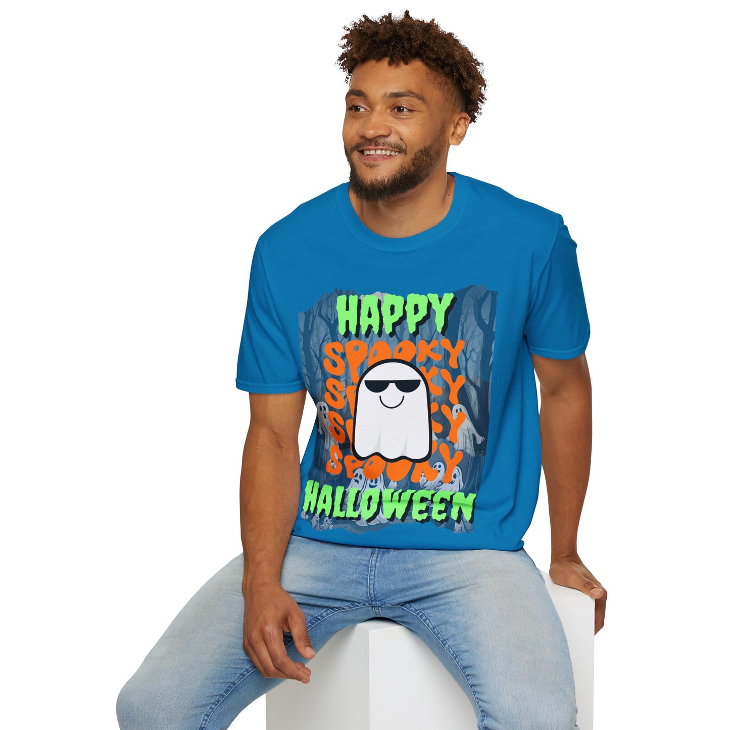 Spooky Happy Halloween Ghost Dark colors Green font Unisex T-Shirt by CreepyCrafts.boo