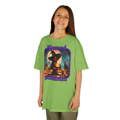 Blessed Samhain Cute Witch Purple font Kids Heavy Cotton™ Tee by CreepyCrafts.boo
