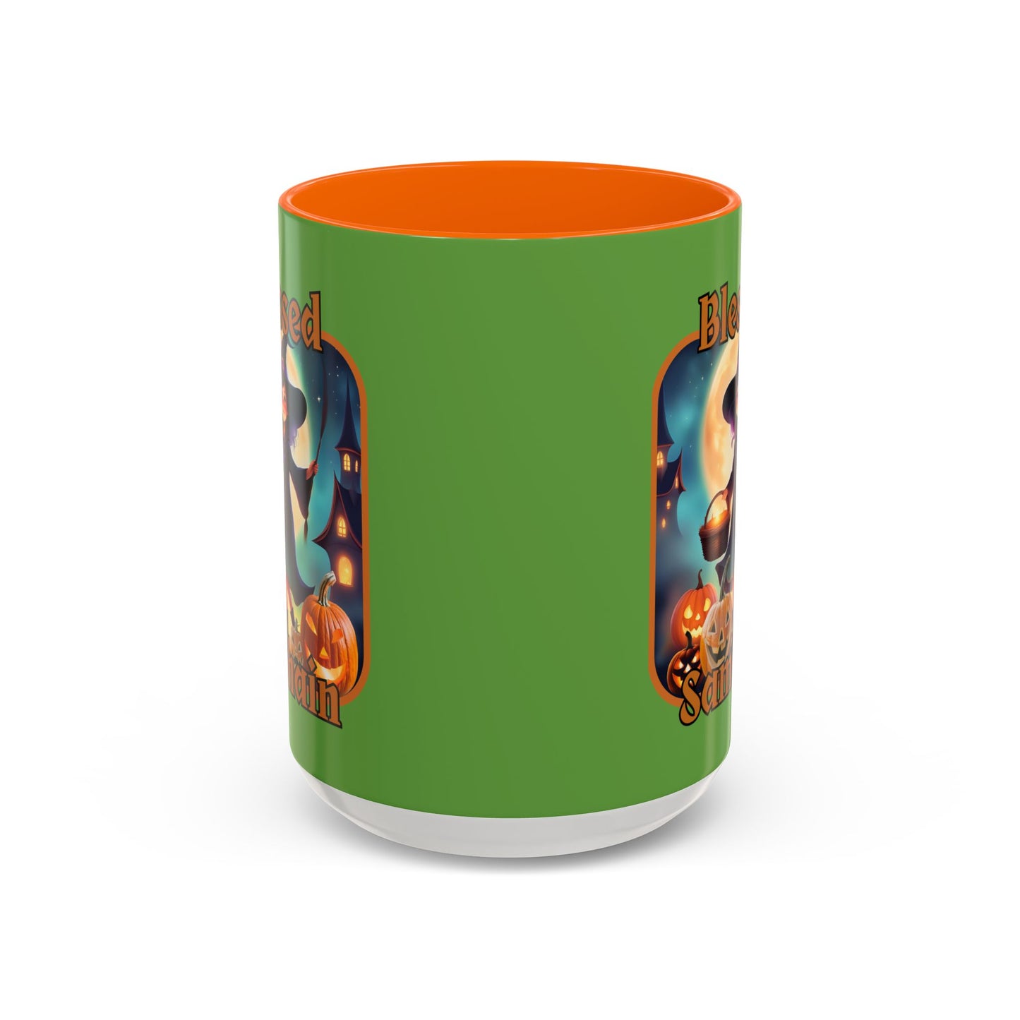 Blessed Samhain Little Witch Orange font Green Accent Mug by CreepyCrafts.boo