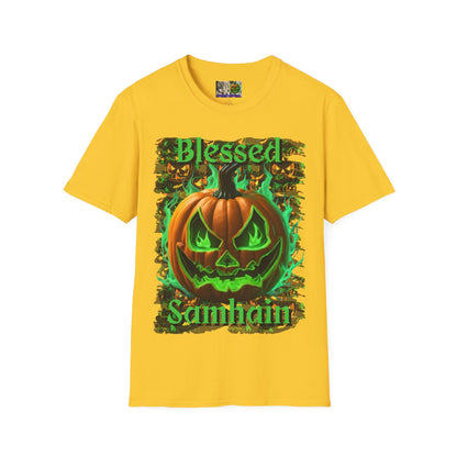 Blessed Samhain Green Jack Light colors Unisex T-Shirt by CreepyCrafts.boo
