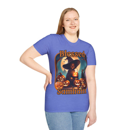 Blessed Samhain Cute Witch Orange font Light colors Unisex T-Shirt by CreepyCrafts.boo