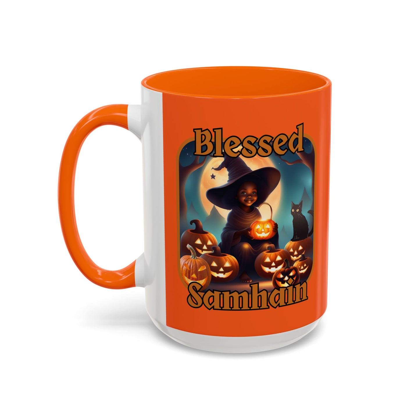 Blessed Samhain Cute Witch Orange font Orange Accent Mug by CreepyCrafts.boo