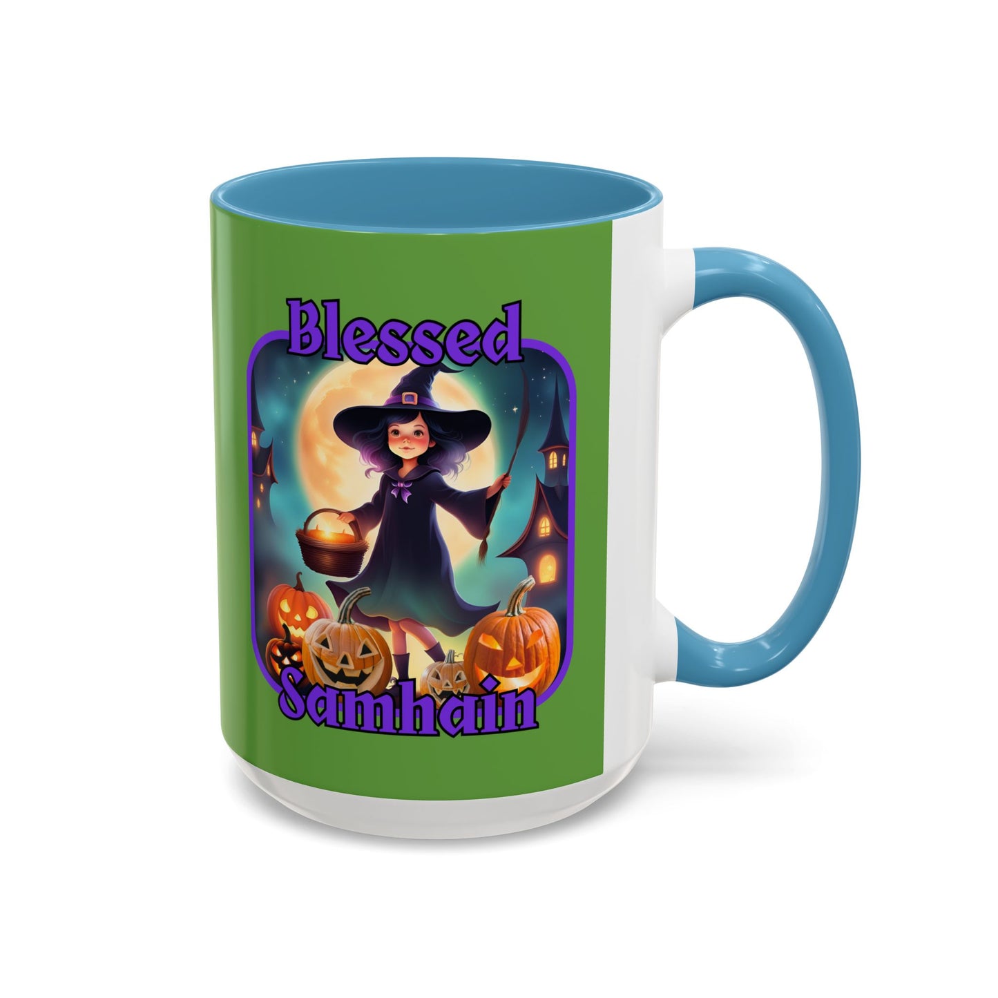 Blessed Samhain Little Witch Purple font Green Accent Mug by CreepyCrafts.boo