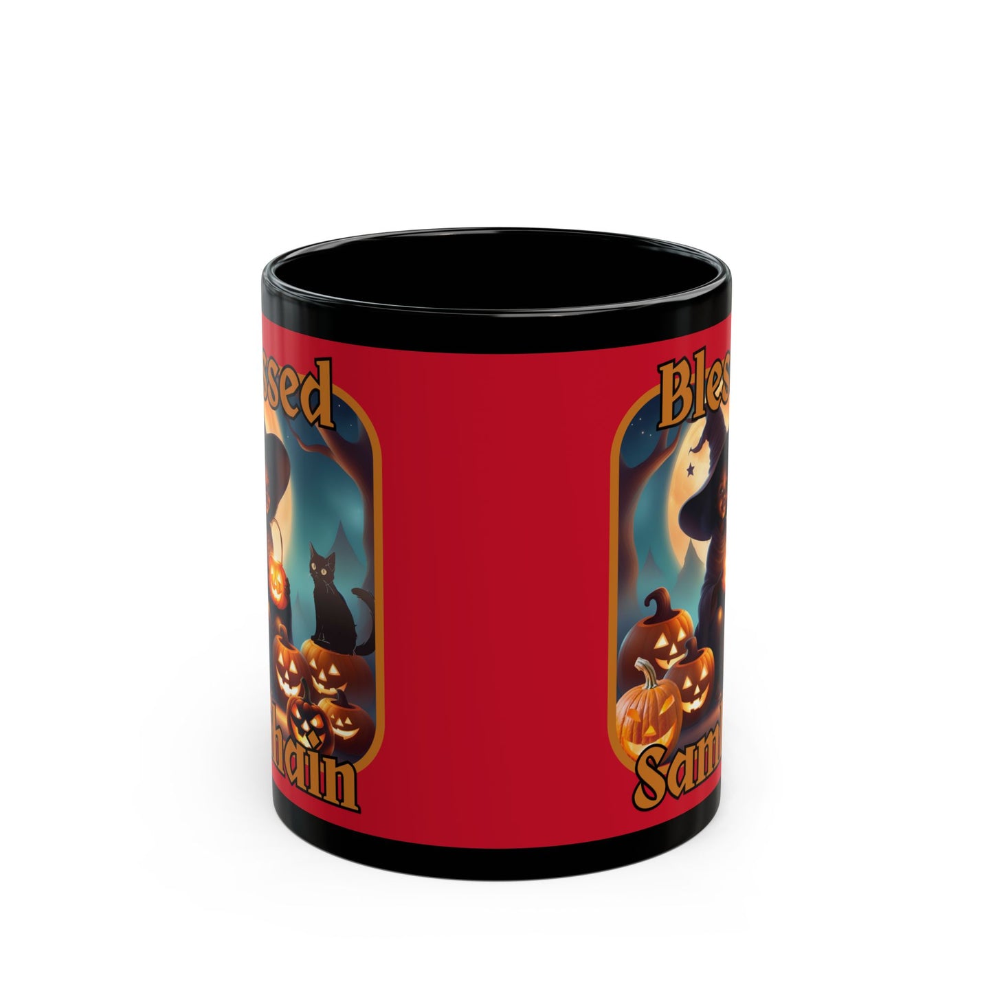 Blessed Samhain Cute Witch Orange font Red Mug by CreepyCrafts.boo