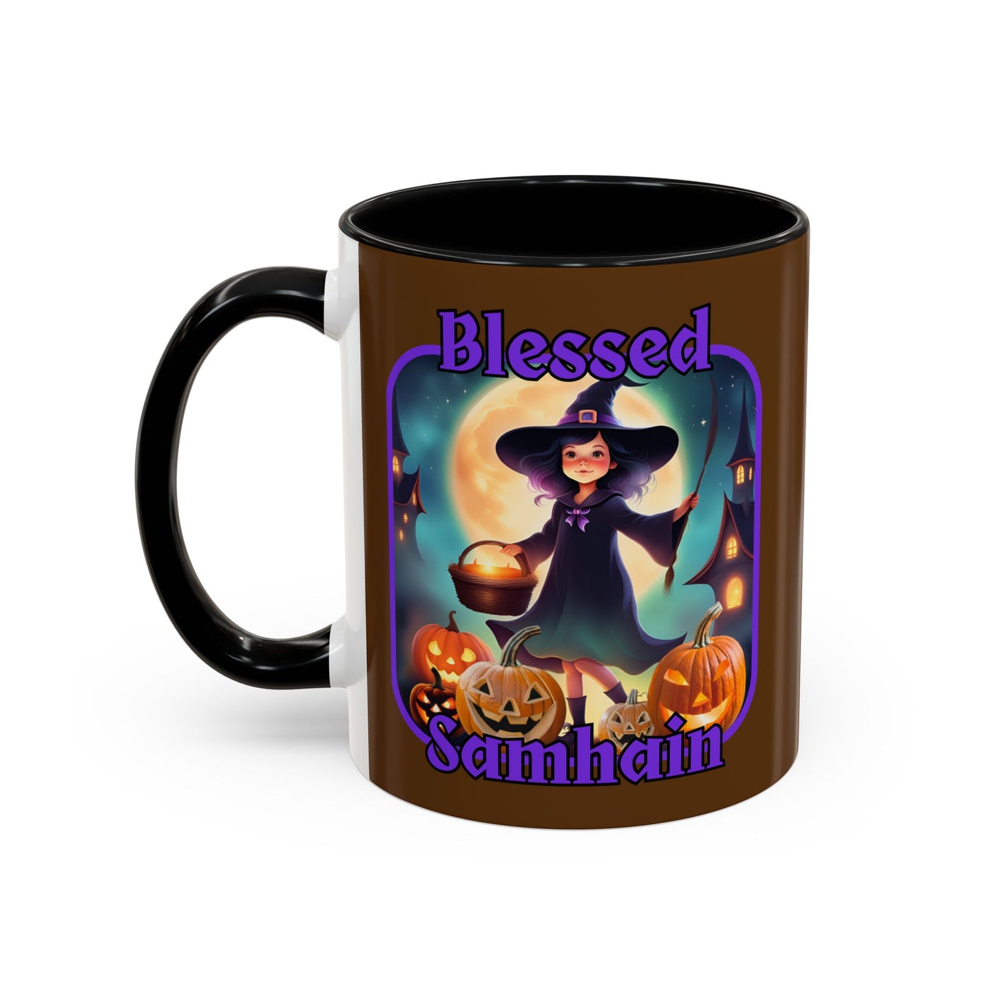 Blessed Samhain Little Witch Purple font Brown Accent Mug by CreepyCrafts.boo