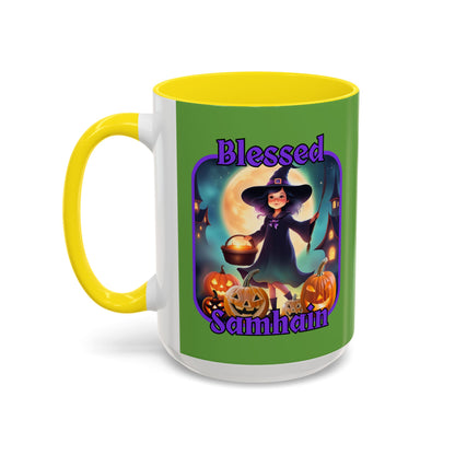 Blessed Samhain Little Witch Purple font Green Accent Mug by CreepyCrafts.boo