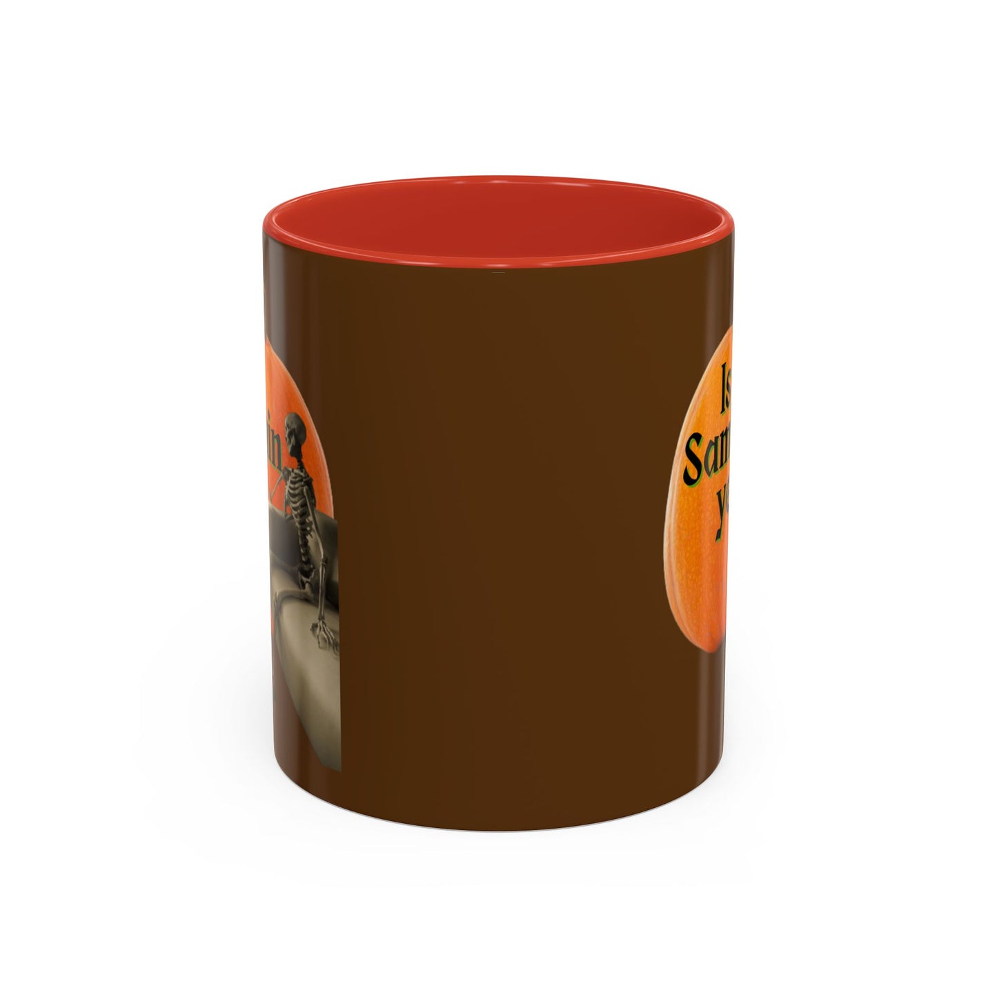 Is It Samhain Yet? Skeleton's Giant Pumpkin Brown Accent Mug by CreepyCrafts.boo