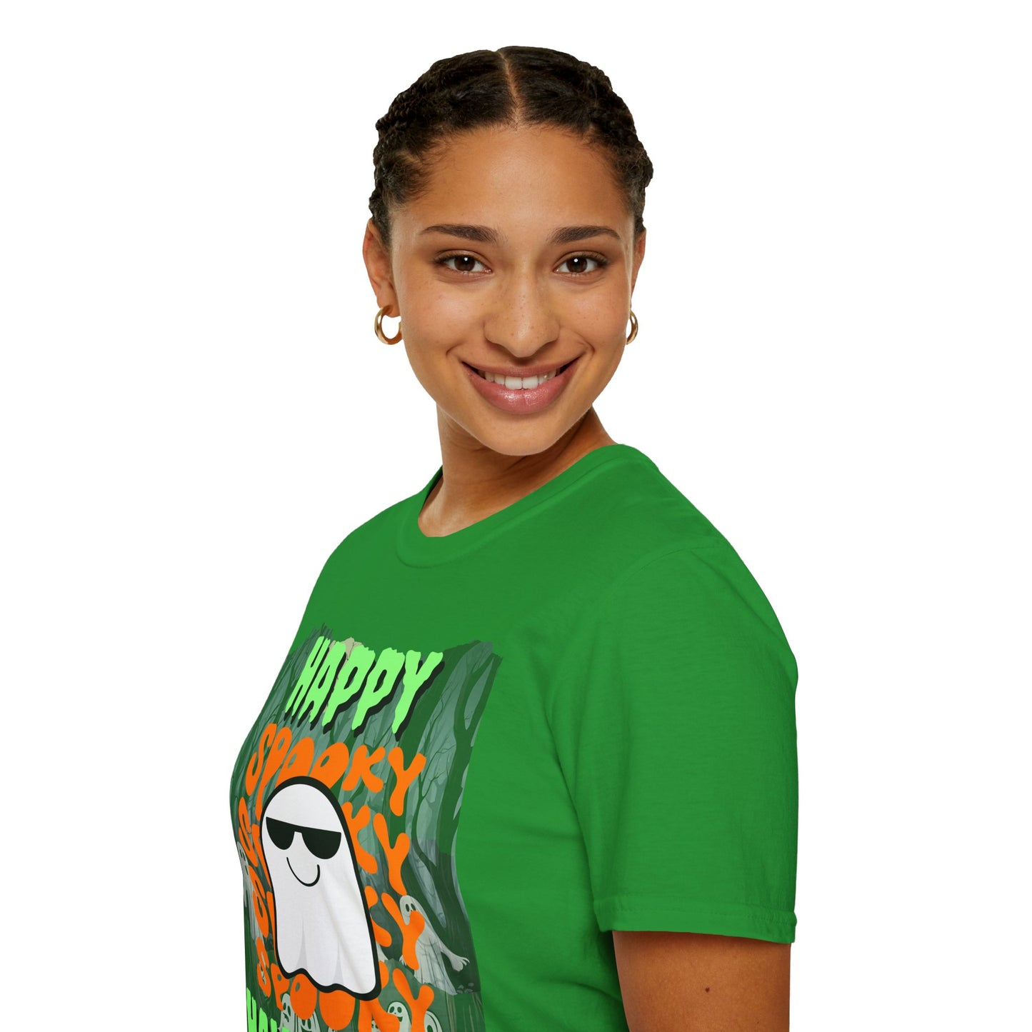 Spooky Happy Halloween Ghost Dark colors Green font Unisex T-Shirt by CreepyCrafts.boo