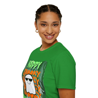 Spooky Happy Halloween Ghost Dark colors Green font Unisex T-Shirt by CreepyCrafts.boo