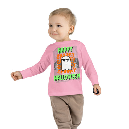 Spooky Happy Halloween Ghost Green font Toddler Long Sleeve Tee by CreepyCrafts.boo