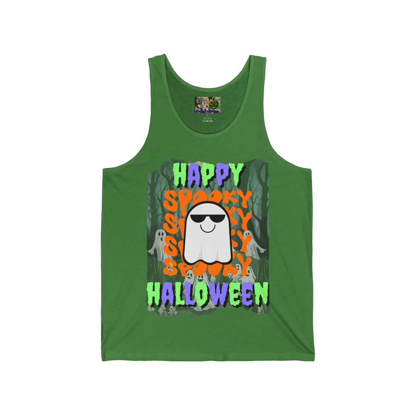 Spooky Happy Halloween Ghost Mixed font Unisex Jersey Tank Top by CreepyCrafts.boo