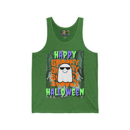 Spooky Happy Halloween Ghost Mixed font Unisex Jersey Tank Top by CreepyCrafts.boo