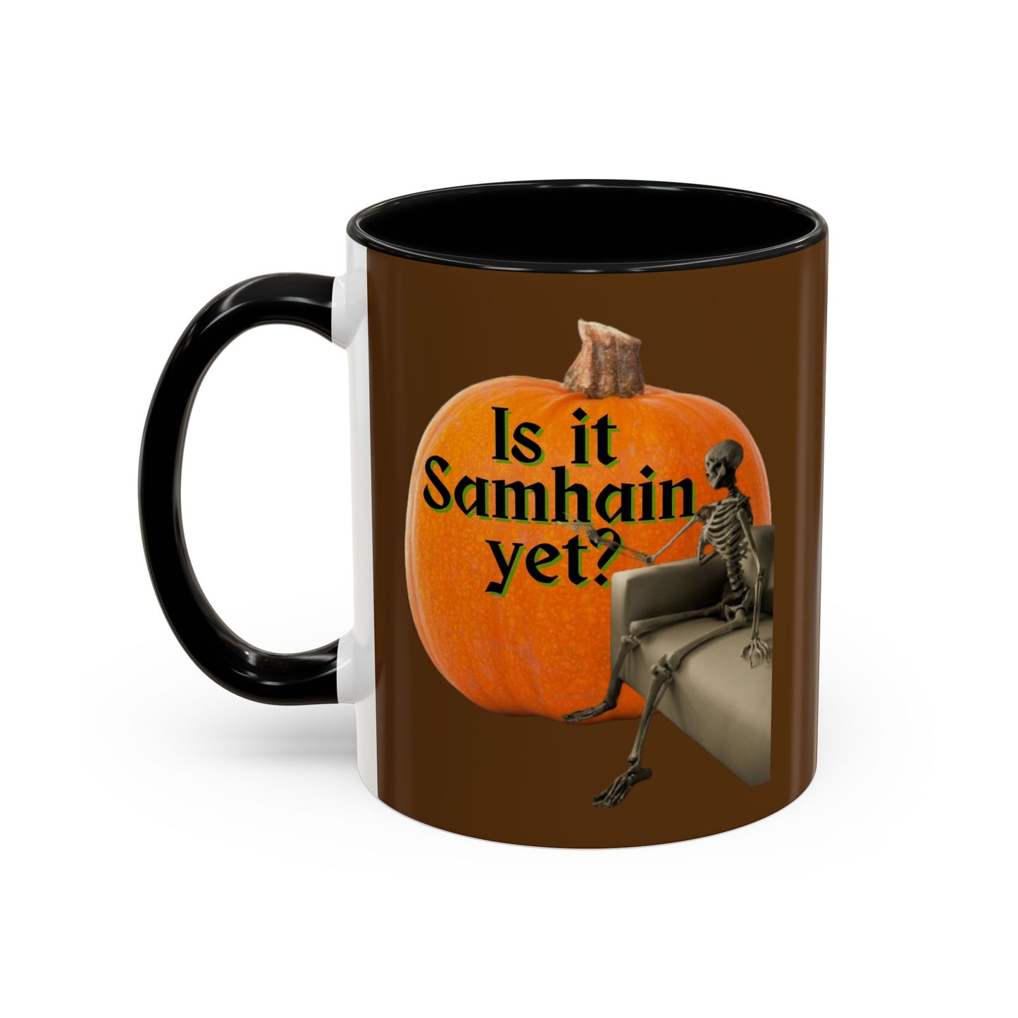 Is It Samhain Yet? Skeleton's Giant Pumpkin Brown Accent Mug by CreepyCrafts.boo