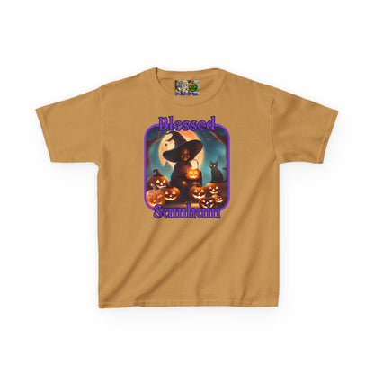 Blessed Samhain Cute Witch Purple font Kids Heavy Cotton™ Tee by CreepyCrafts.boo