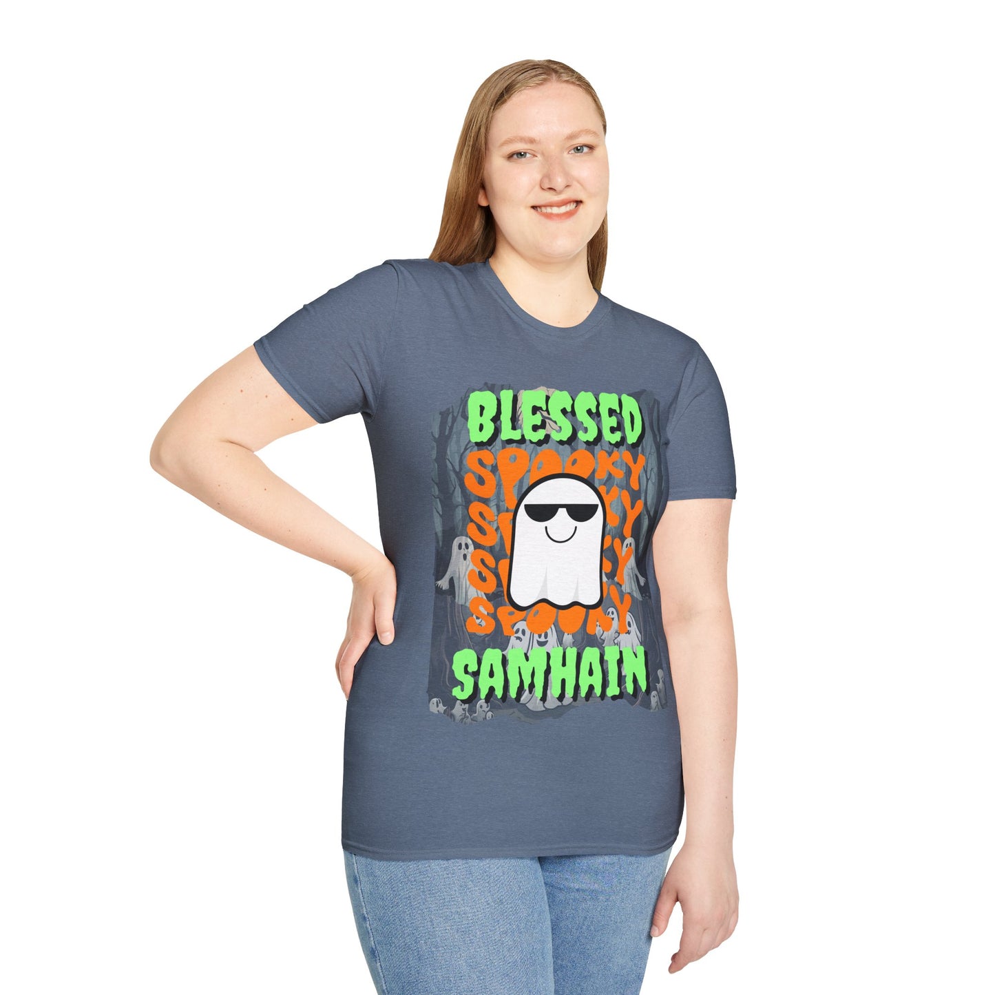 Spooky Blessed Samhain Ghost Green font Unisex T-Shirt by CreepyCrafts.boo