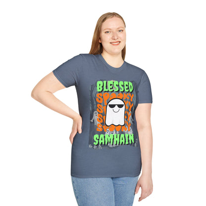 Spooky Blessed Samhain Ghost Green font Unisex T-Shirt by CreepyCrafts.boo