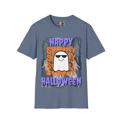 Spooky Happy Halloween Ghost Dark colors Purple font Unisex T-Shirt by CreepyCrafts.boo