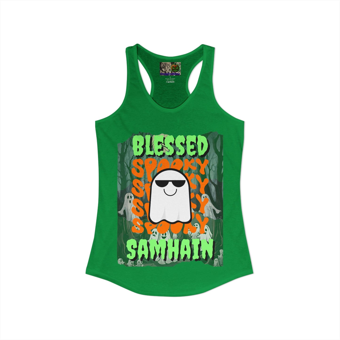 Spooky Blessed Samhain Ghost Green font Women's Racerback Tank Top by CreepyCrafts.boo