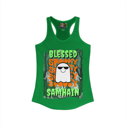 Spooky Blessed Samhain Ghost Green font Women's Racerback Tank Top by CreepyCrafts.boo
