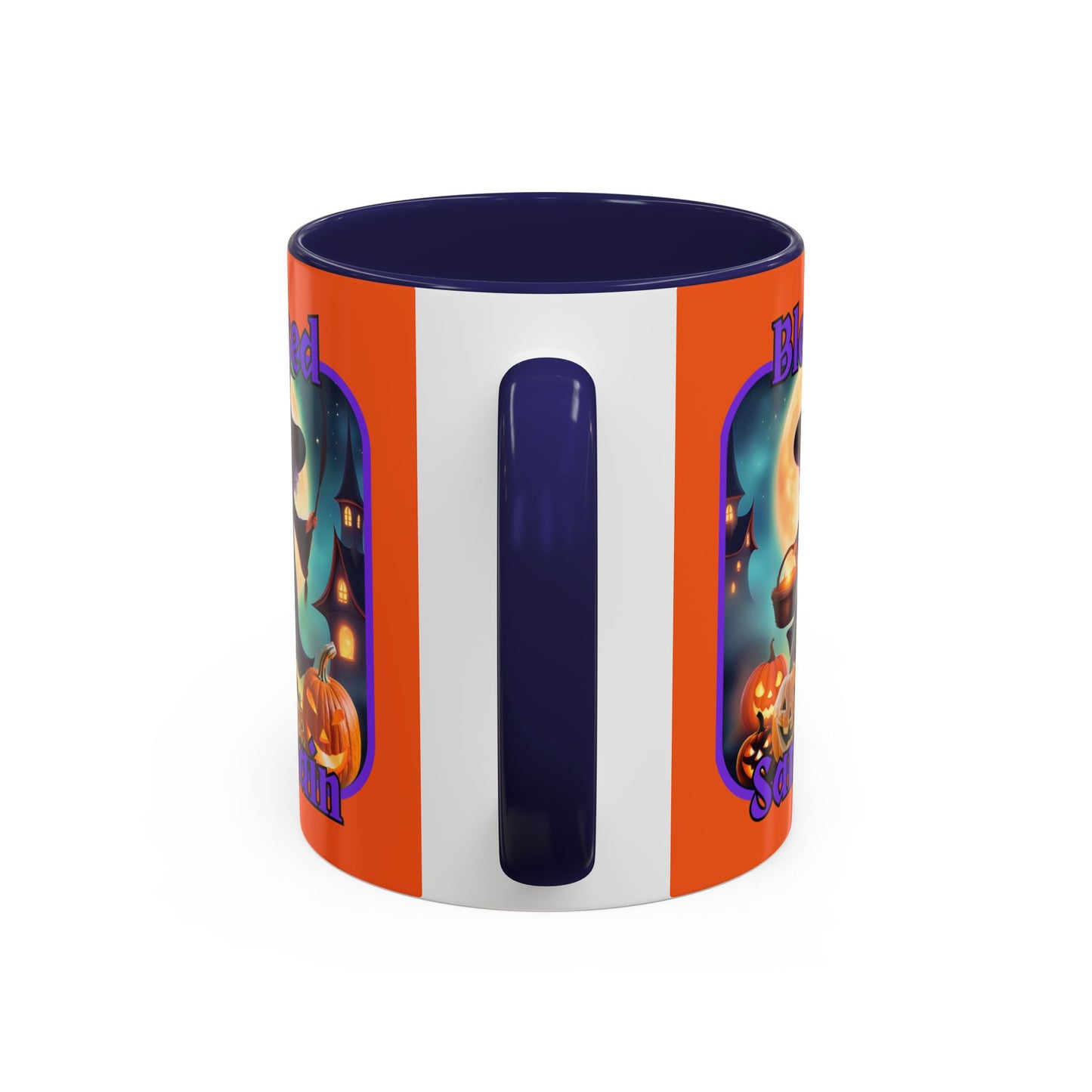 Blessed Samhain Little Witch Purple font Orange Accent Mug by CreepyCrafts.boo