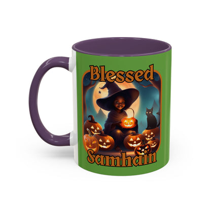 Blessed Samhain Cute Witch Orange font Green Accent Mug by CreepyCrafts.boo