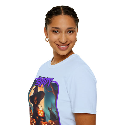 Happy Halloween Cute Witch Purple font Light colors Unisex T-Shirt by CreepyCrafts.boo