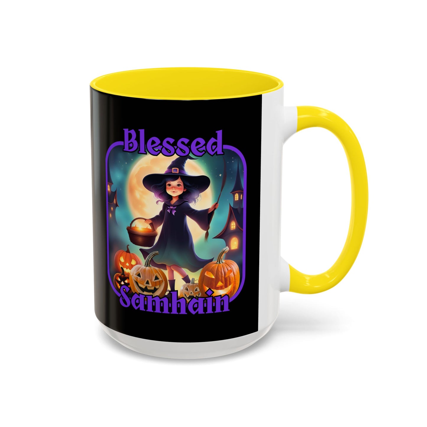 Blessed Samhain Little Witch Purple font Black Accent Mug by CreepyCrafts.boo