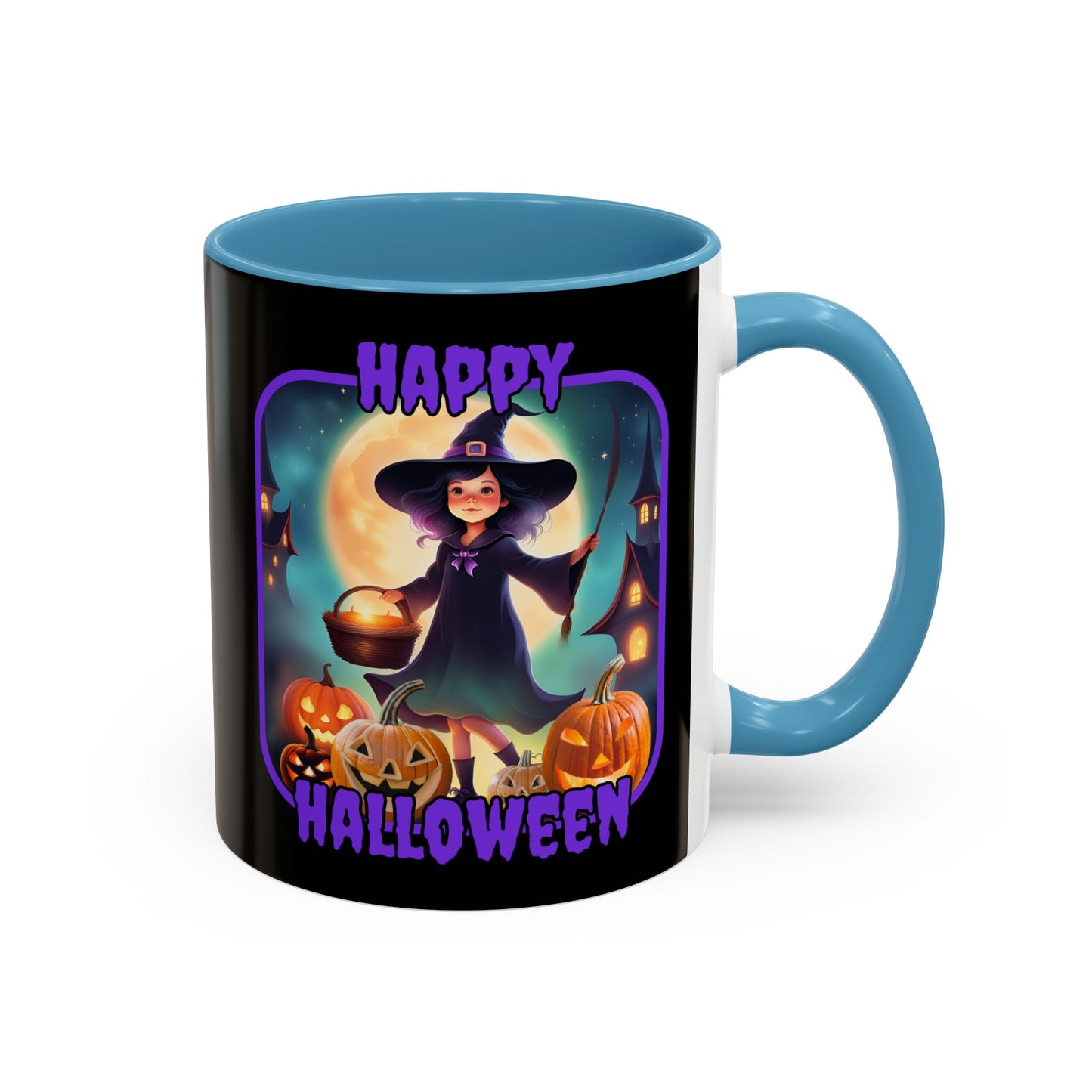 Happy Halloween Little Witch Purple font Black Accent Mug by CreepyCrafts.boo
