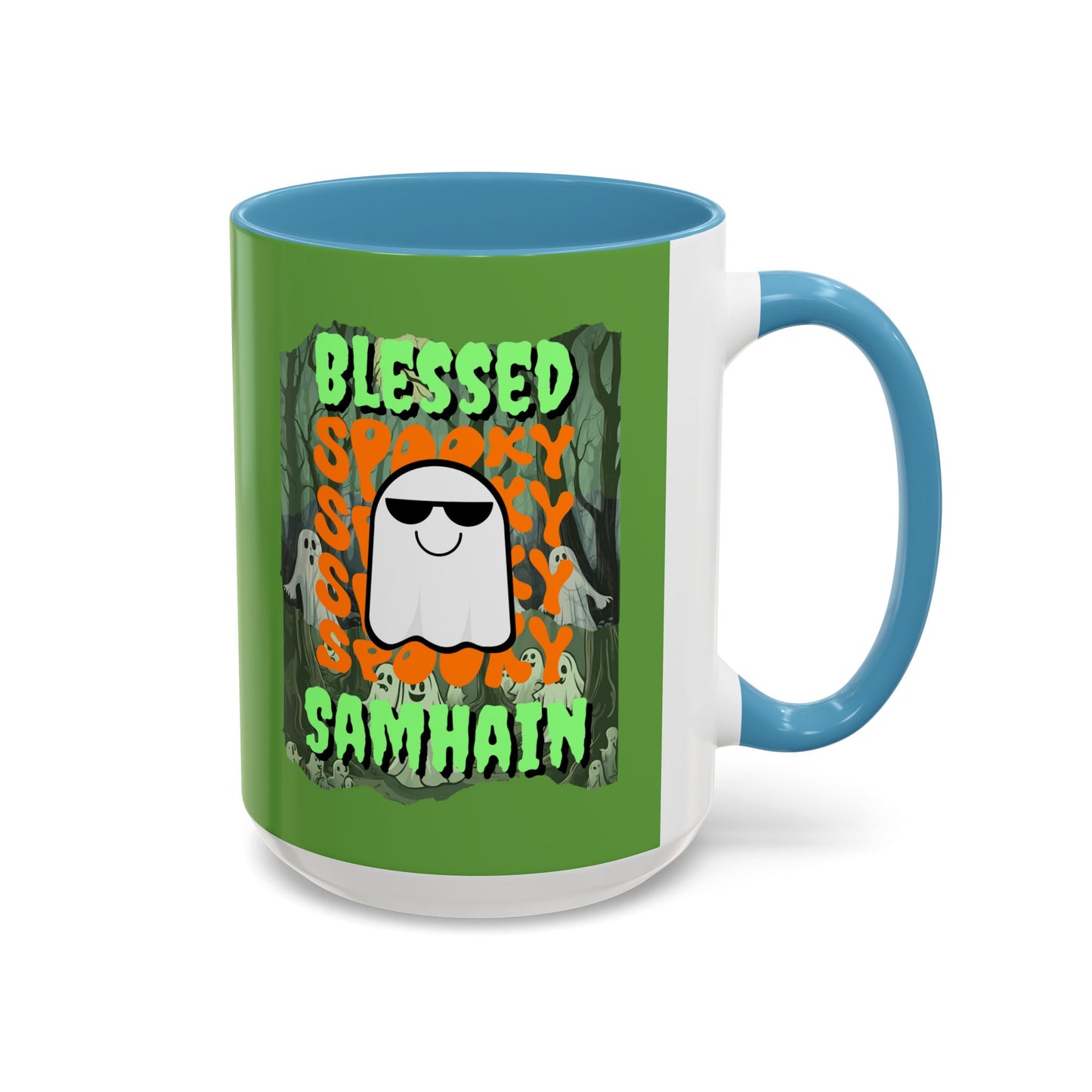 Spooky Blessed Samhain Ghost Green font Accent Mug by CreepyCrafts.boo