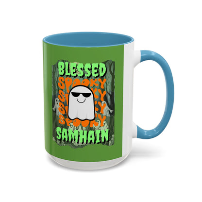 Spooky Blessed Samhain Ghost Green font Accent Mug by CreepyCrafts.boo