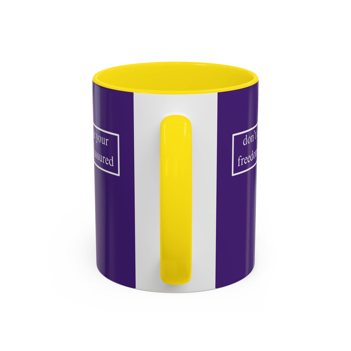 don't assume your freedoms are assured, White font, Dark Purple Accent Mug by cypherpunkgear.com