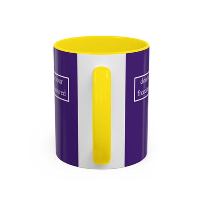 don't assume your freedoms are assured, White font, Dark Purple Accent Mug by cypherpunkgear.com