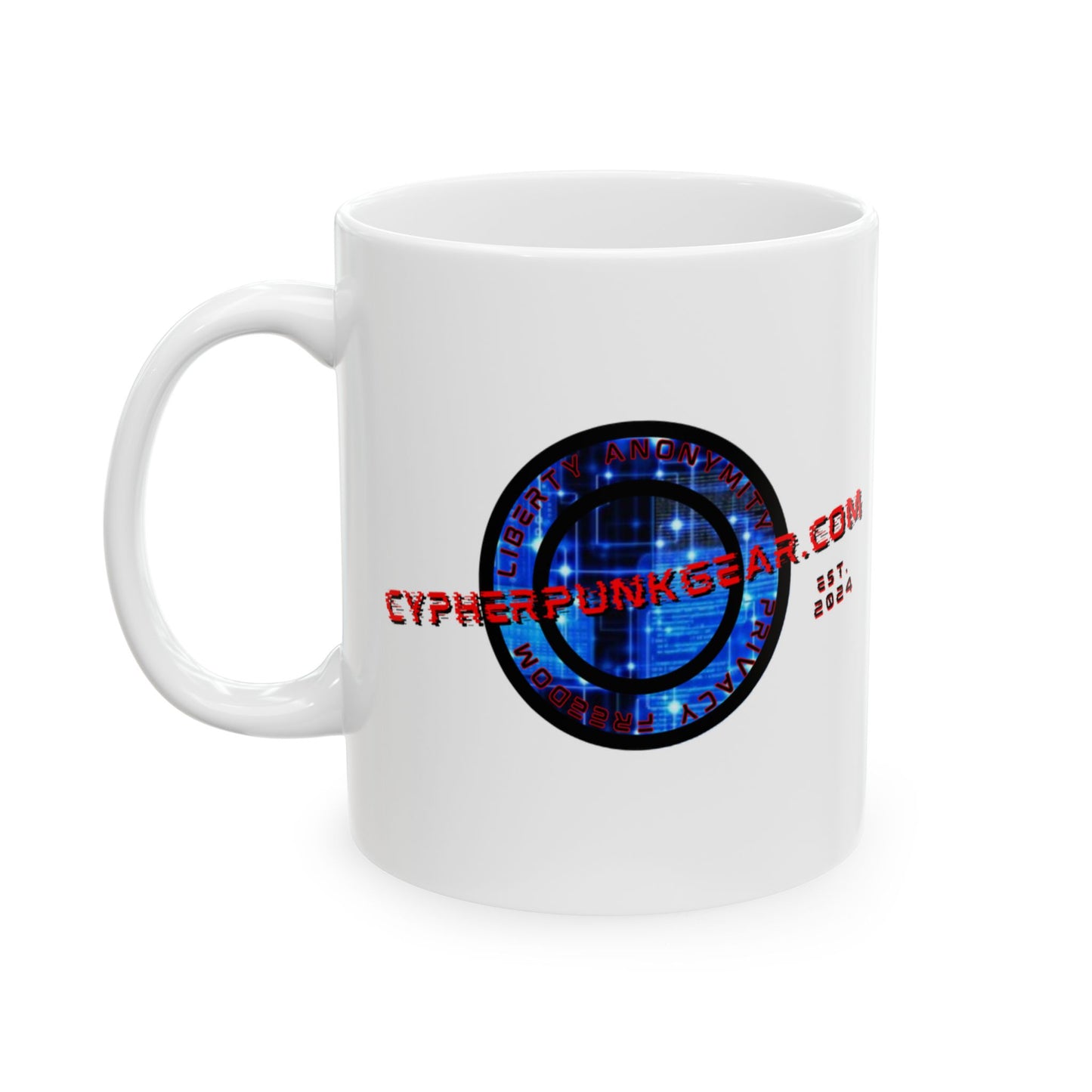 2-sided, cypherpunkgear.com Logo & Cityscape White Mug by cypherpunkgear.com