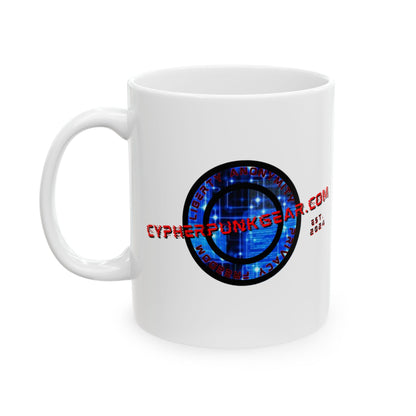 2-sided, cypherpunkgear.com Logo & Cityscape White Mug by cypherpunkgear.com