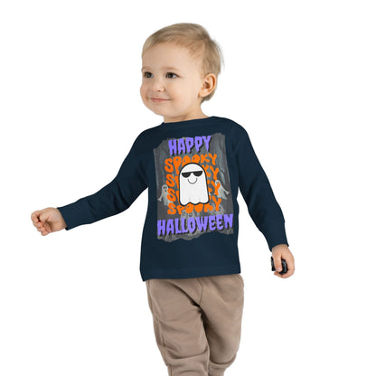 Spooky Happy Halloween Ghost Purple font Toddler Long Sleeve Tee by CreepyCrafts.boo