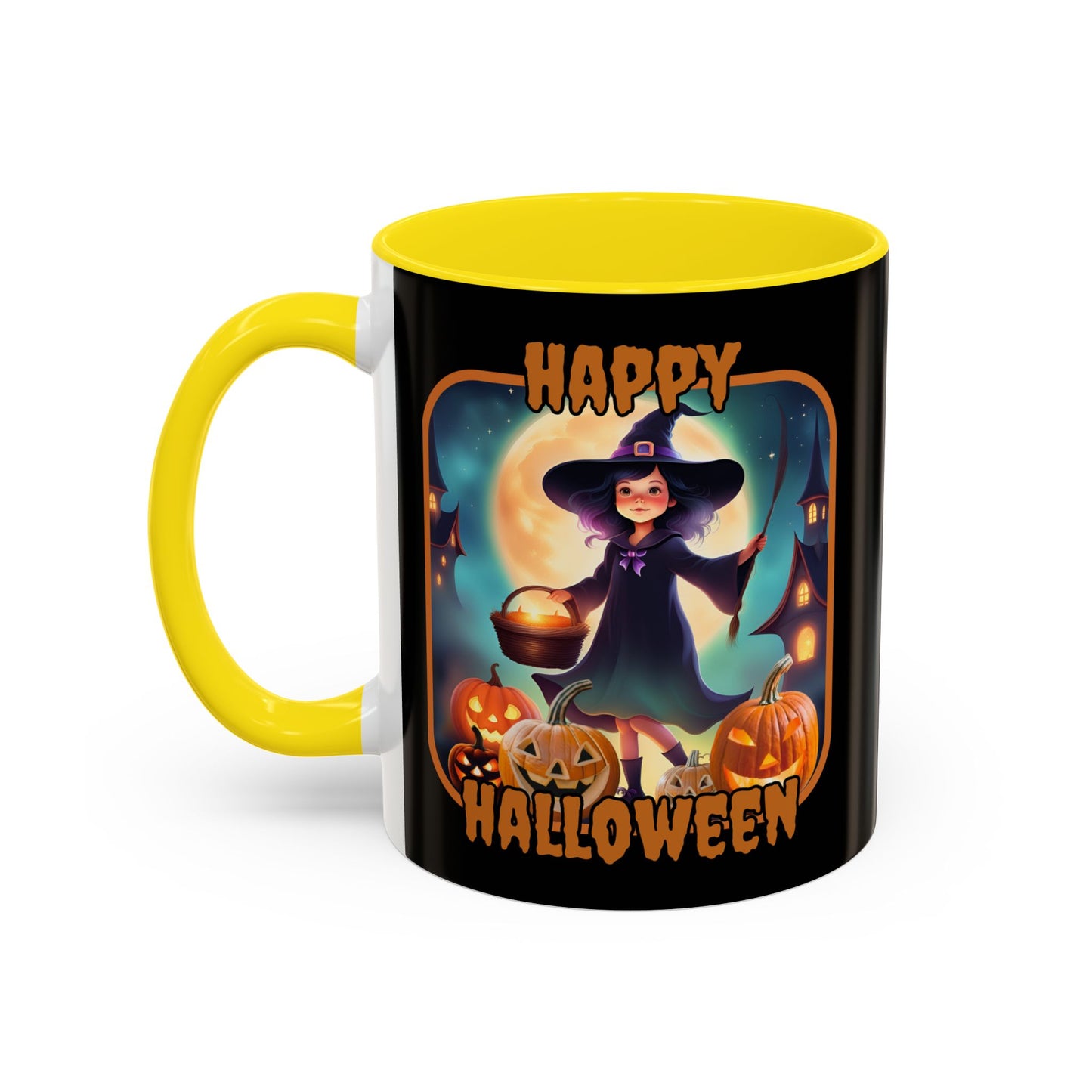 Happy Halloween Little Witch Orange font Black Accent Mug by CreepyCrafts.boo