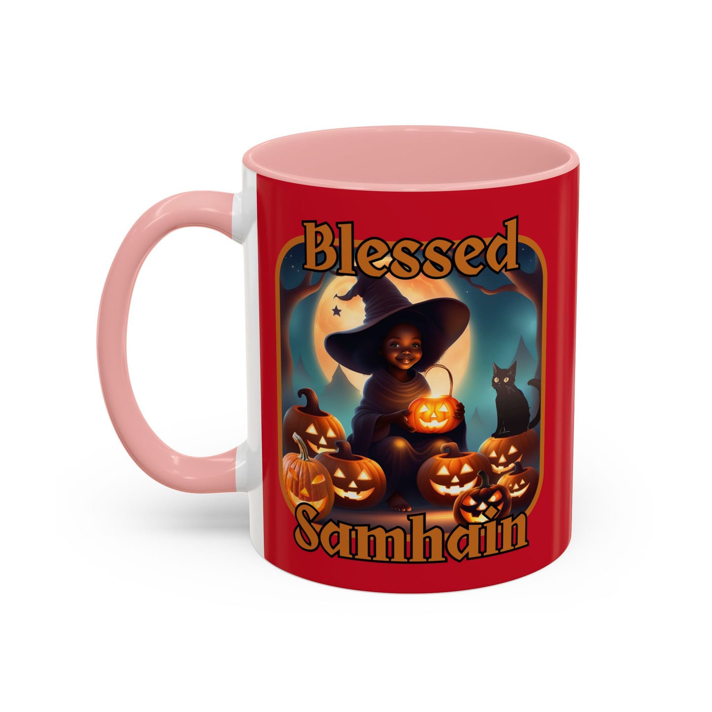 Blessed Samhain Cute Witch Orange font Red Accent Mug by CreepyCrafts.boo