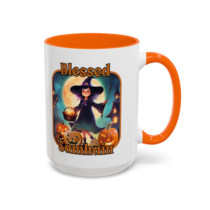Blessed Samhain Little Witch Orange font White Accent Mug by CreepyCrafts.boo
