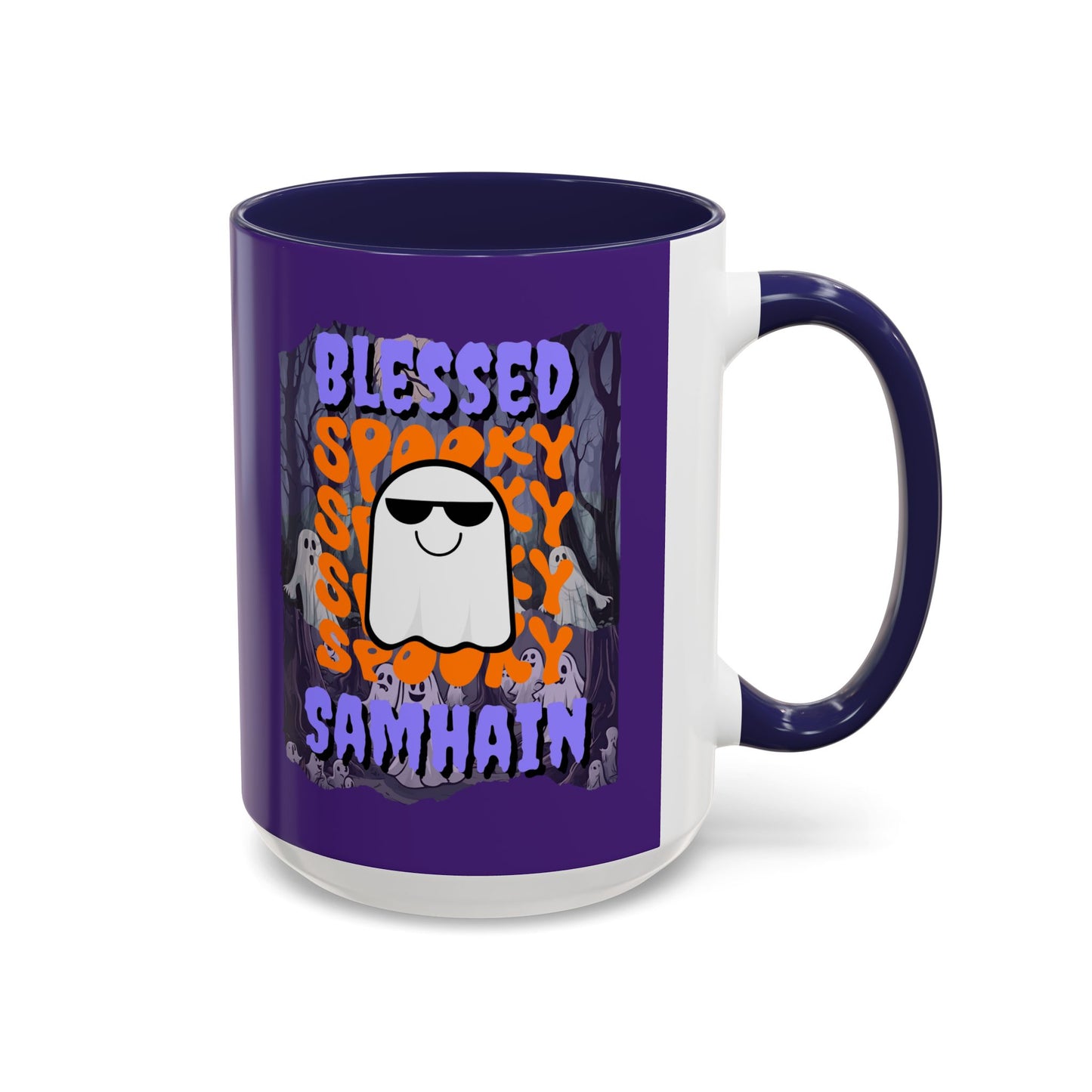 Spooky Blessed Samhain Ghost Purple font Accent Mug by CreepyCrafts.boo