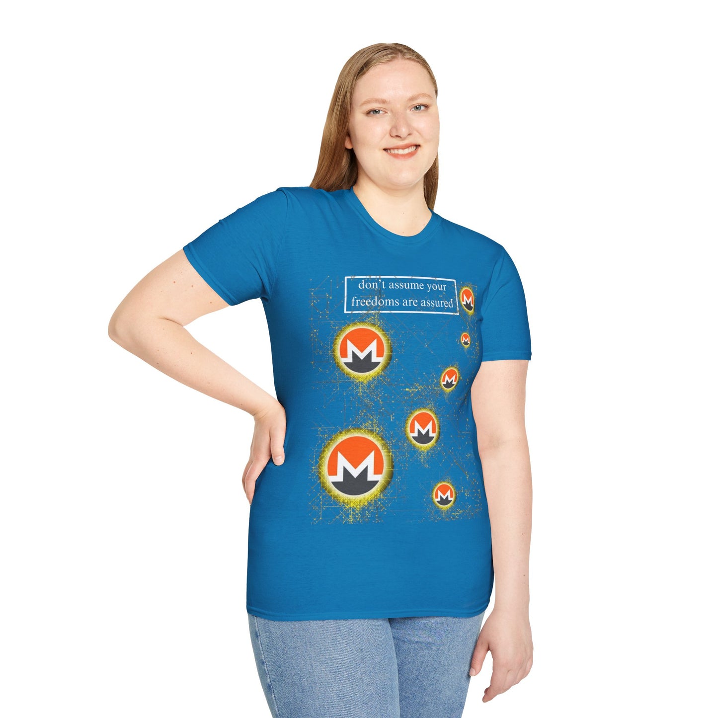 Monero (XMR) don't assume your freedoms are assured Dark colors Unisex T-Shirt by cypherpunkgear.com
