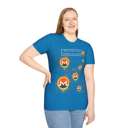 Monero (XMR) don't assume your freedoms are assured Dark colors Unisex T-Shirt by cypherpunkgear.com
