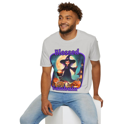 Blessed Samhain Little Witch Purple font Light colors Unisex T-Shirt by CreepyCrafts.boo
