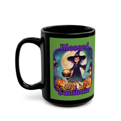 Blessed Samhain Little Witch Purple font Green Mug by CreepyCrafts.boo
